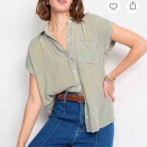 Cosmic Blue Love Stitch Fix Amara Button Down green striped shirt size Small NWT